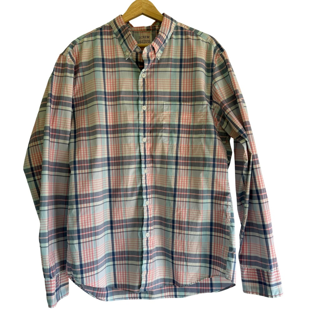 J.Crew Mens‎ Offshore Performance Shirt Large Pink Blue Plaid Stretch H2108